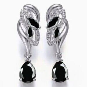 18k White Gold Plated Water Drop Black Diamond Earrings